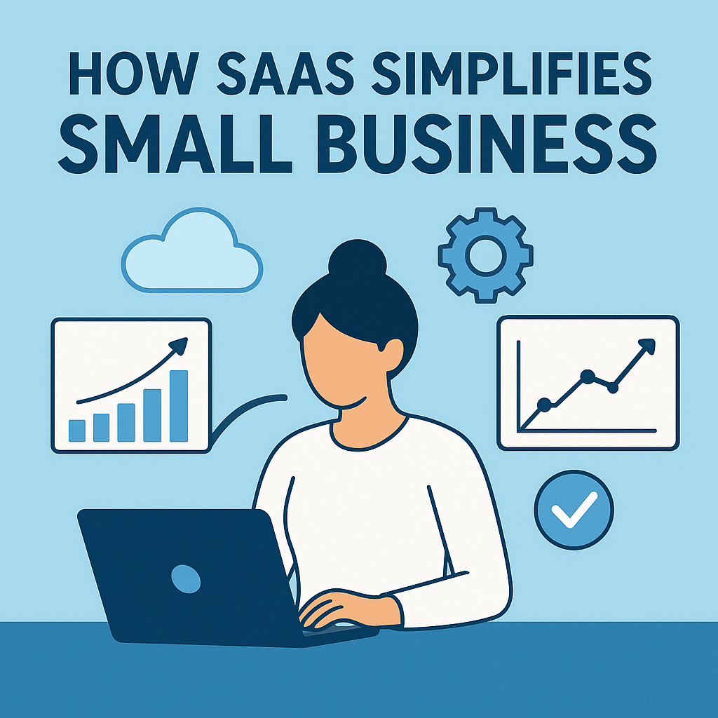 How SaaS Simplifies Small Business with a unique, icon-based illustration showing cloud computing, data analytics charts, and gears representing automation, without any depiction of a woman, symbolizing efficiency, scalability, and innovation for small businesses.
