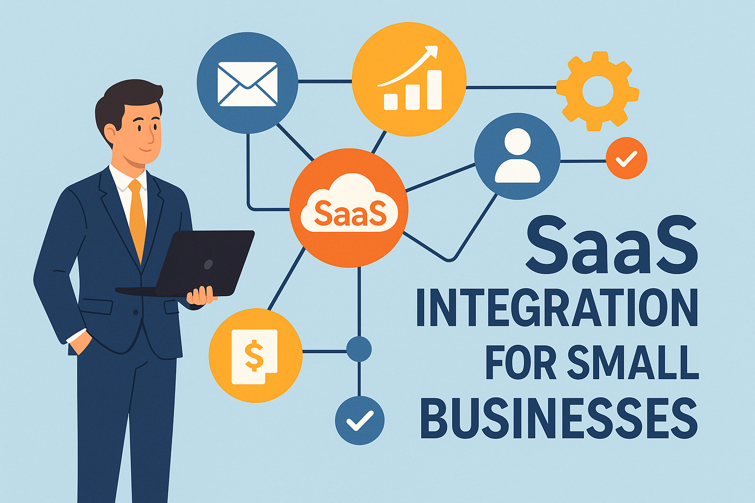 "Business professional holding a laptop while observing interconnected SaaS tools including email, analytics, CRM, financial apps, and automation icons, representing seamless SaaS integration for small businesses on a light blue background.