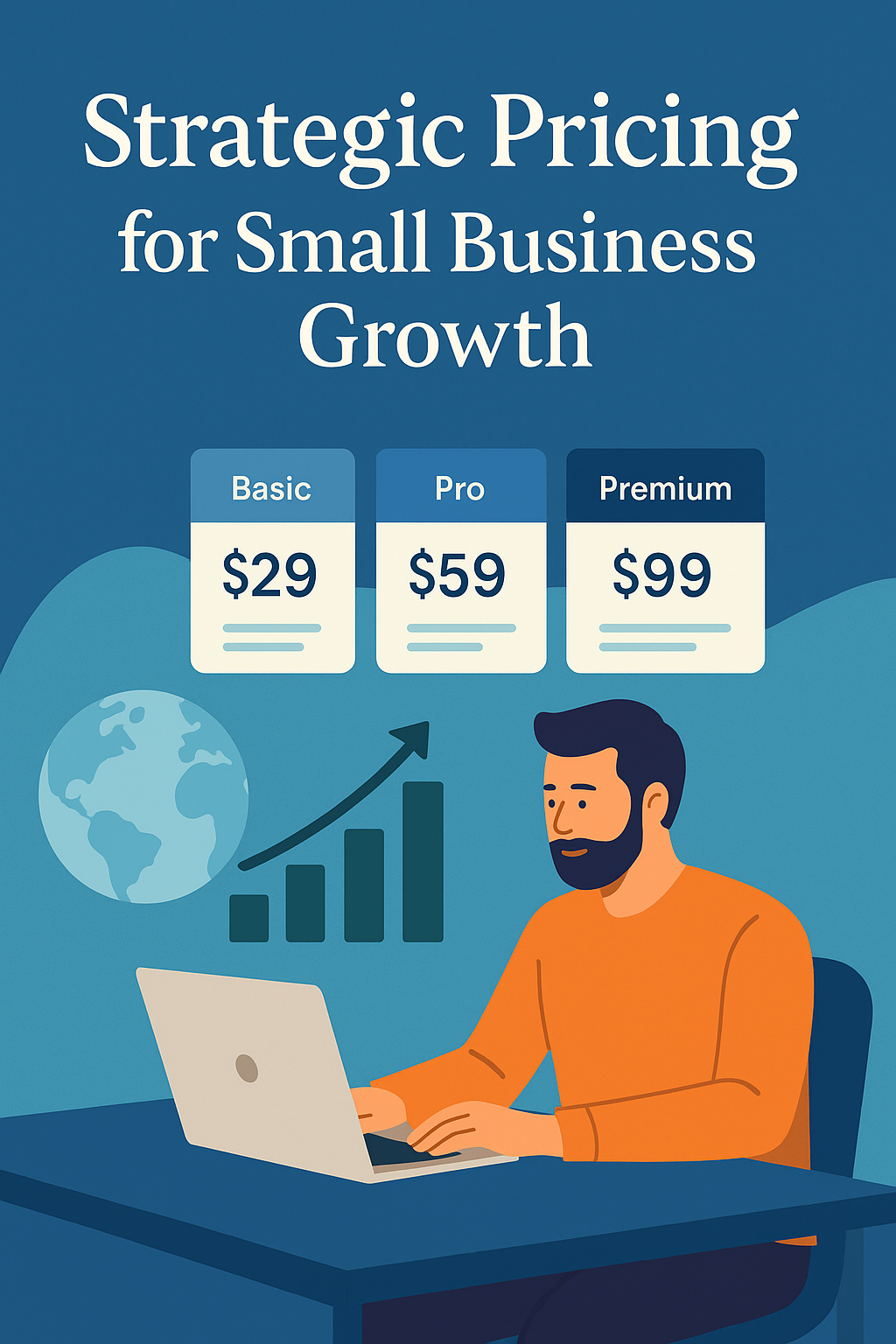 illustration showing a small business owner working on SaaS pricing strategies at a laptop, with pricing plans (Basic, Pro, Premium), a global icon, and a rising bar chart, titled “Strategic Pricing for Small Business Growth