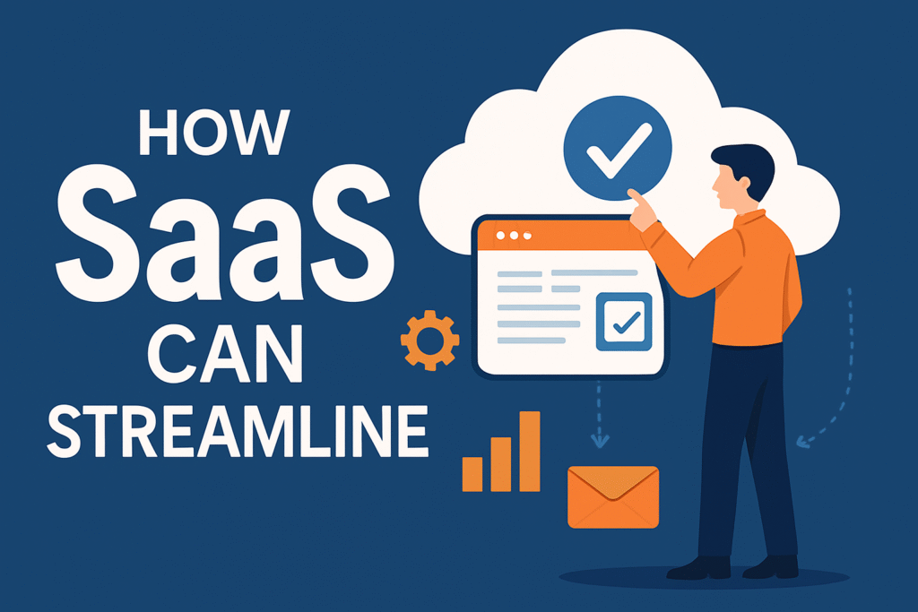 **Alt Text:**
*An isometric digital illustration representing the concept “How SaaS Can Streamline.” The image features a male professional interacting with a cloud-based SaaS dashboard interface, surrounded by icons like bar charts, gears, checklists, and email—visually depicting automation, data analytics, workflow efficiency, and streamlined operations for small businesses, all under a modern, tech-savvy theme without any female figure present.*
