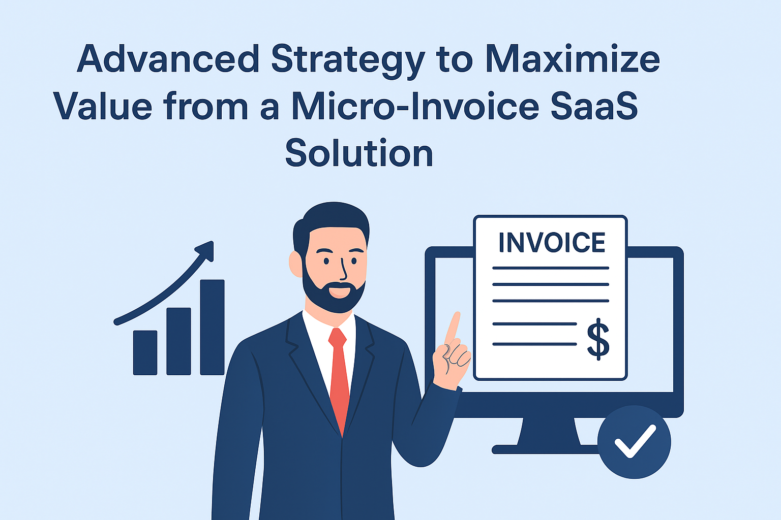 Micro-invoice SaaS solution dashboard illustration showing a man managing invoices, payments, and analytics on a laptop for small business growth
