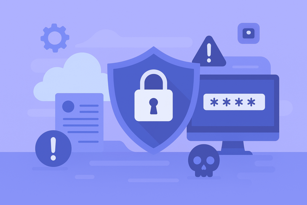 SaaS Security Challenges shown through a sleek illustration of a shield and digital padlock, surrounded by cloud icons, warning signs, and subtle password symbols, reflecting risks and protection in modern SaaS environments.
