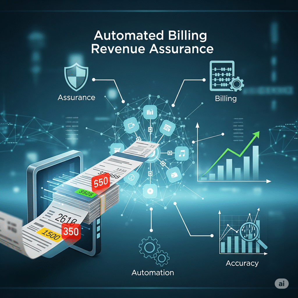 For this picture, here is a concise and accurate alt text in English:

"A digital illustration representing 'Automated Billing for Revenue Assurance'. It shows invoices coming out of a computer, with icons for 'ASSURANCE', 'BILLING', and 'ACCURACY' surrounding it. The image also includes a bar graph that shows an increase in revenue."