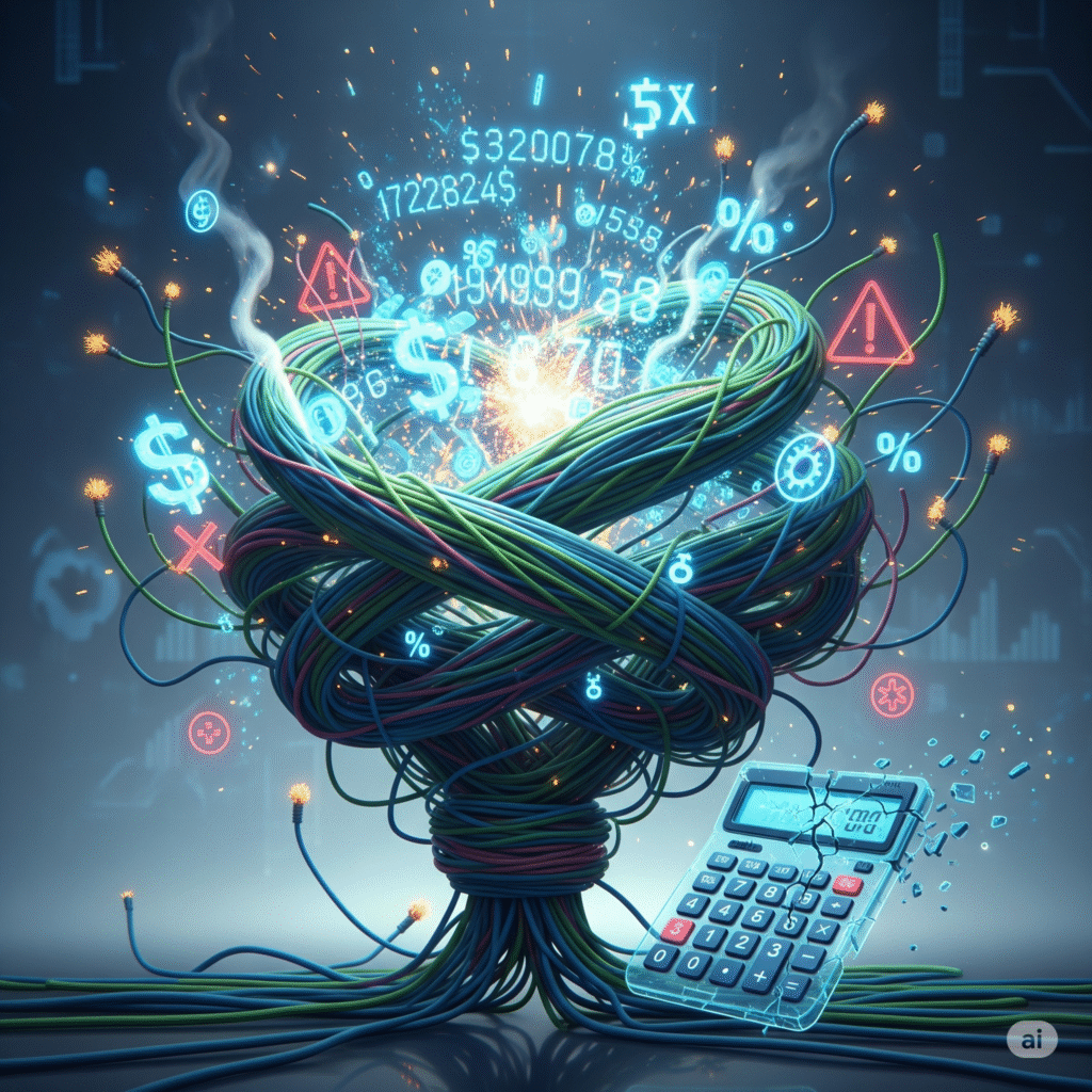 Here is the alt text for the image:

A digital painting illustrating common SaaS billing mistakes. A large, complex knot of interwoven digital wires dominates the center of the image. Interspersed within the knot are glowing, abstract representations of incorrect financial data, such as jumbled numbers, dollar signs, and percentage symbols that appear distorted or out of place. Various digital error symbols, like red "X" marks and exclamation points, are scattered throughout the tangle. A fractured, translucent calculator with a cracked screen and disconnected buttons is positioned near the base of the wire knot. The overall aesthetic is clean and modern, with crisp lines and vibrant digital colors against a subtle, slightly textured background. No people are present in the illustration.
