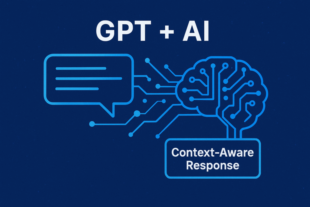Examples of Context-Aware Prompts in GPT – A flat-style digital illustration showing GPT-AI concept with neural network lines, chat bubbles, and an abstract AI brain highlighting how context-aware prompts generate structured responses.