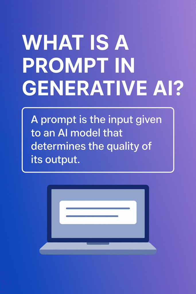 what is a prompt in generative AI — A clean SaaS-style graphic showing abstract AI elements, including chat bubbles, neural network lines, and a glowing input box to represent a prompt. The design uses a blue and white professional palette, making the concept of prompts in generative AI visually clear and engaging