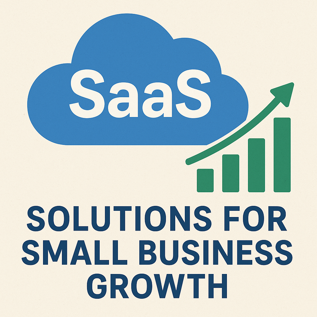 SaaS solutions for small business growth illustrated with a blue cloud labeled SaaS, a rising green bar chart with arrow, symbolizing business progress and digital transformation