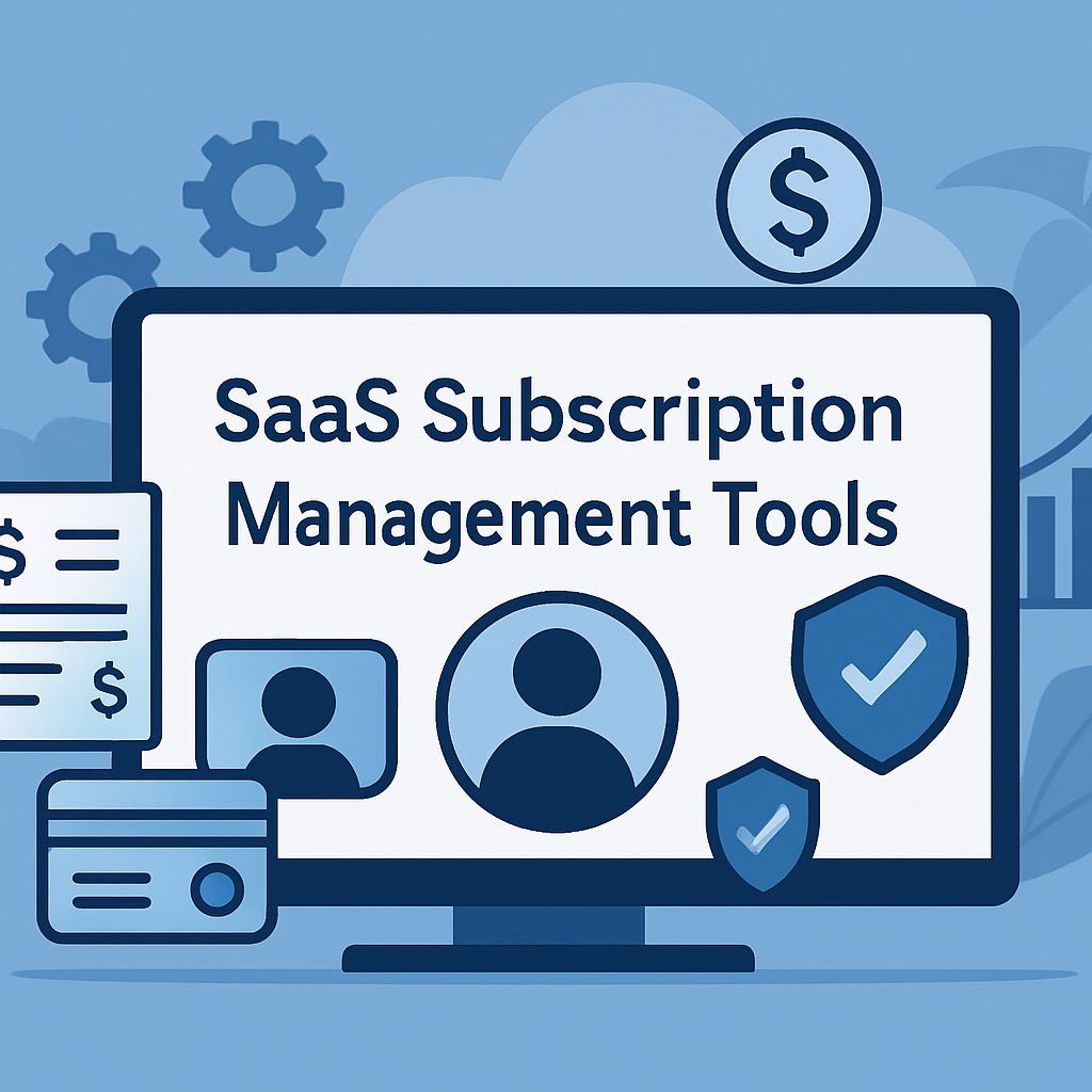 SaaS Subscription Management Tools ecosystem, featuring interconnected billing, analytics, AI integration, and cloud-based dashboards, without human figures, in a modern and minimalist style."
