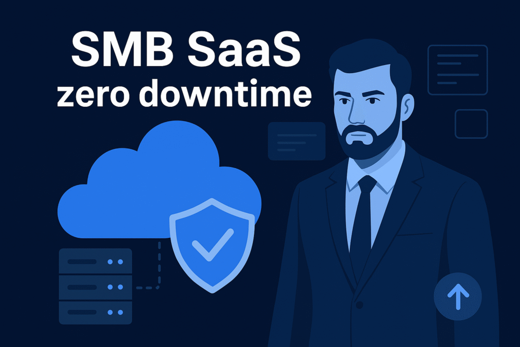 SMB SaaS zero downtime illustration alt text: A professional male figure in a dark suit stands beside cloud technology icons, including a shield, server racks, and connectivity symbols, representing secure and reliable **SMB SaaS zero downtime** for small businesses in 2025.
